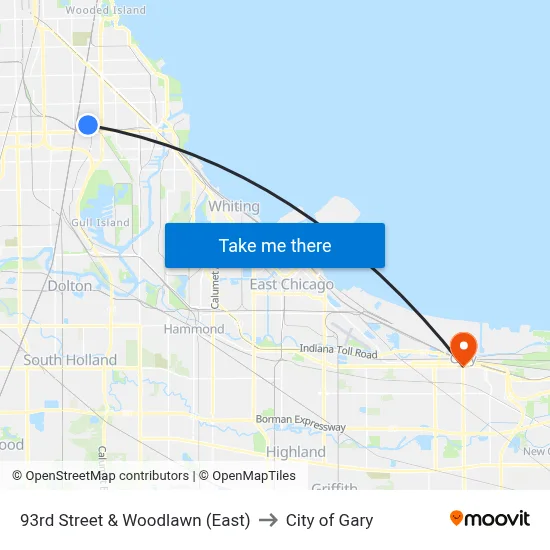 93rd Street & Woodlawn (East) to City of Gary map