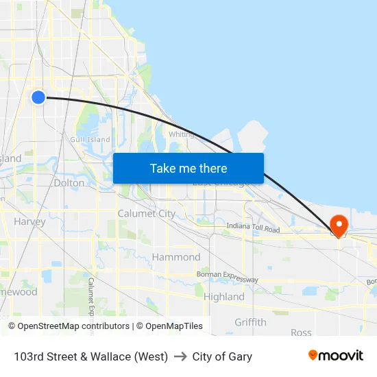 103rd Street & Wallace (West) to City of Gary map