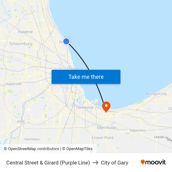 Central Street & Girard (Purple Line) to City of Gary map