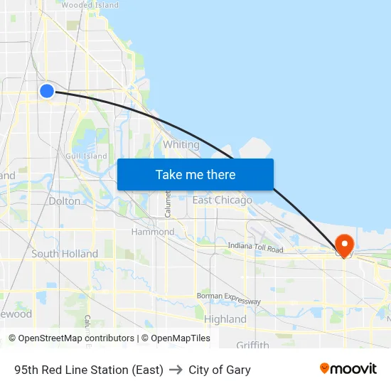95th Red Line Station (East) to City of Gary map
