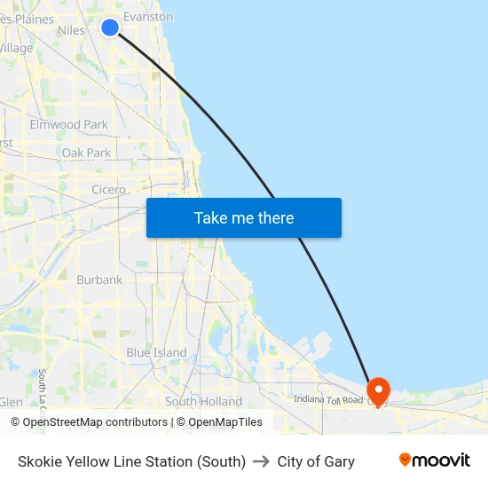 Skokie Yellow Line Station (South) to City of Gary map