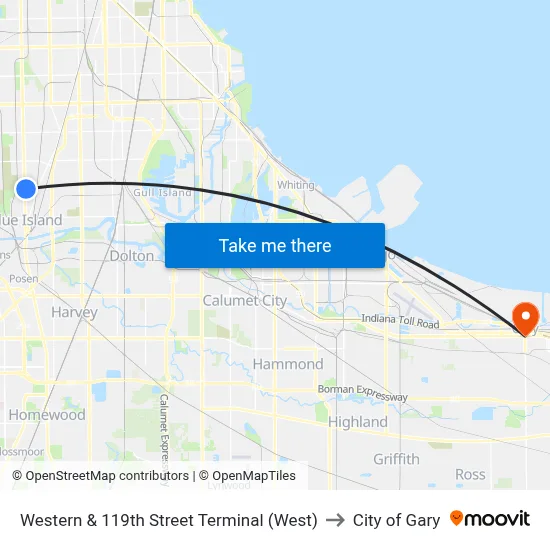 Western & 119th Street Terminal (West) to City of Gary map
