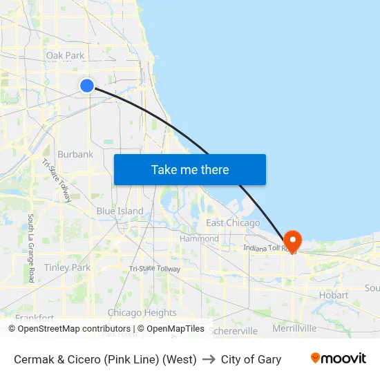 Cermak & Cicero (Pink Line) (West) to City of Gary map