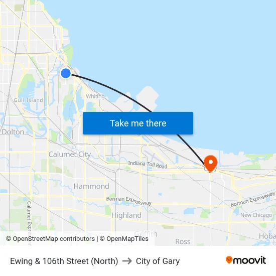 Ewing & 106th Street (North) to City of Gary map