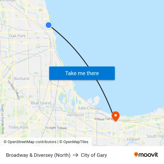 Broadway & Diversey (North) to City of Gary map