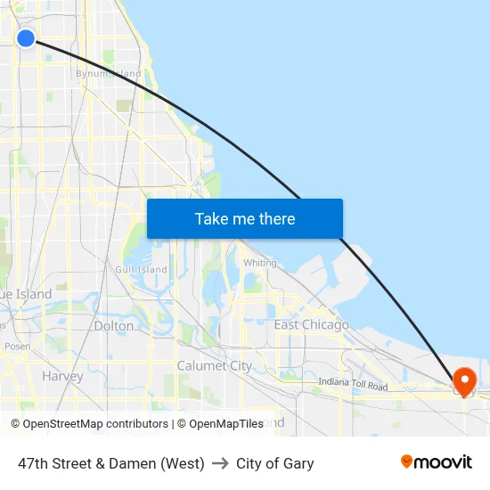 47th Street & Damen (West) to City of Gary map