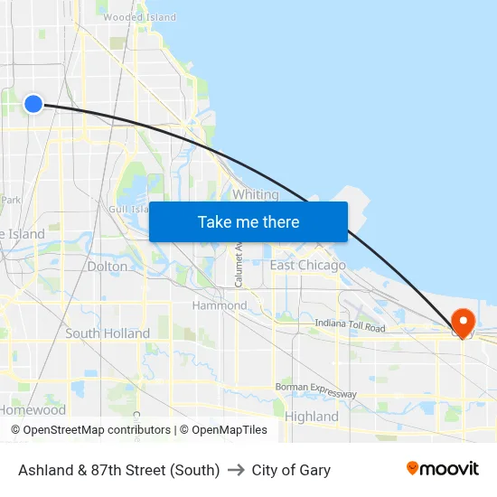 Ashland & 87th Street (South) to City of Gary map