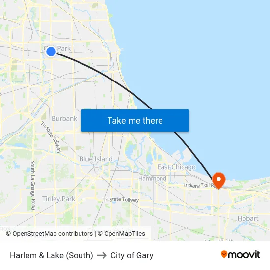 Harlem & Lake (South) to City of Gary map