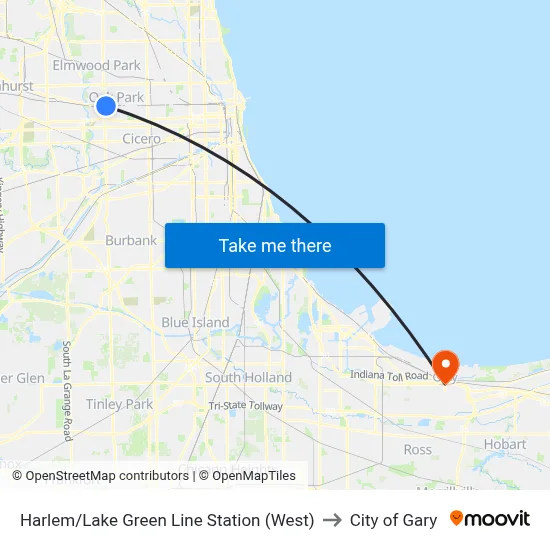 Harlem/Lake Green Line Station (West) to City of Gary map