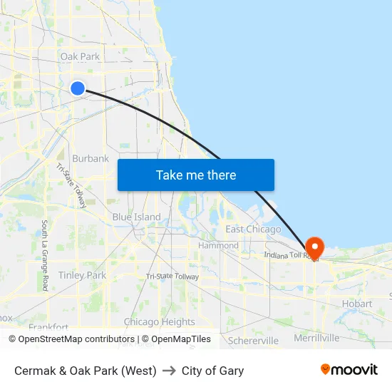 Cermak & Oak Park (West) to City of Gary map