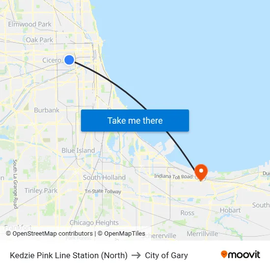 Kedzie Pink Line Station (North) to City of Gary map