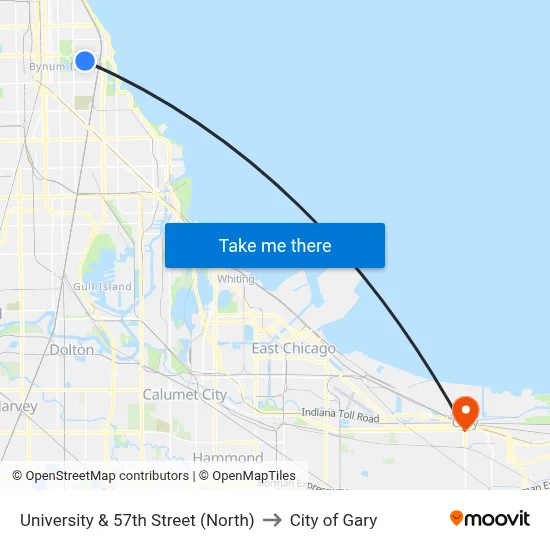 University & 57th Street (North) to City of Gary map