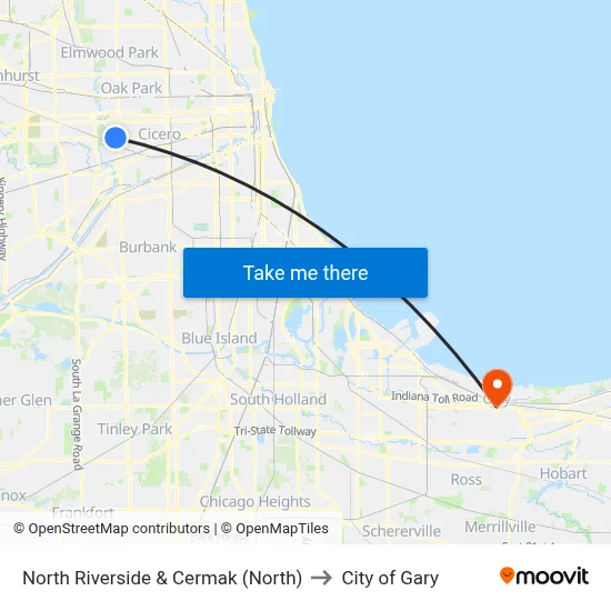 North Riverside & Cermak (North) to City of Gary map