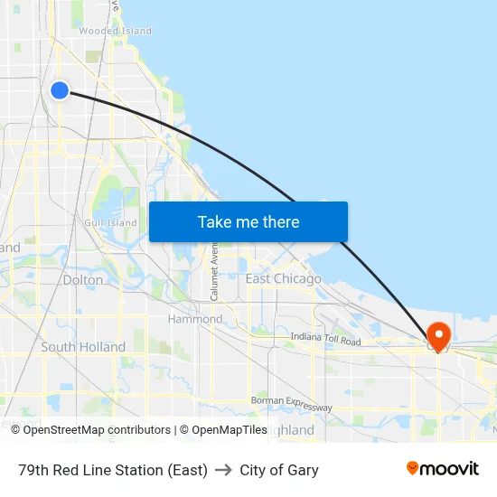 79th Red Line Station (East) to City of Gary map