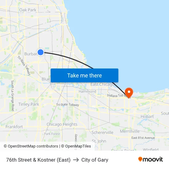76th Street & Kostner (East) to City of Gary map