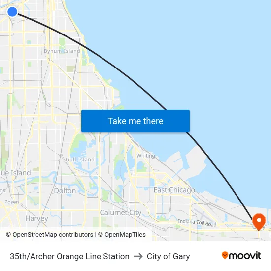 35th/Archer Orange Line Station to City of Gary map