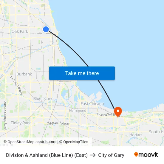 Division & Ashland (Blue Line) (East) to City of Gary map