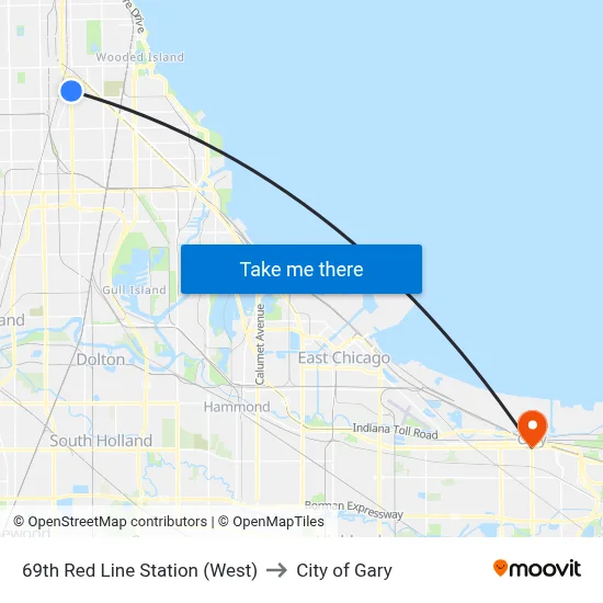 69th Red Line Station (West) to City of Gary map