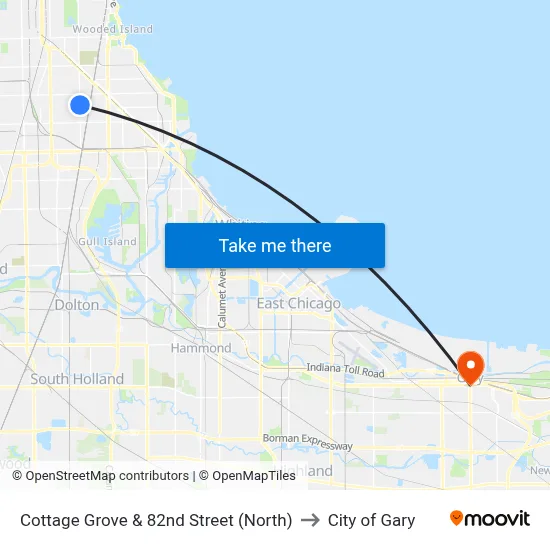 Cottage Grove & 82nd Street (North) to City of Gary map