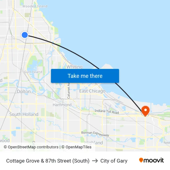 Cottage Grove & 87th Street (South) to City of Gary map