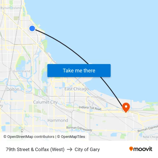 79th Street & Colfax (West) to City of Gary map