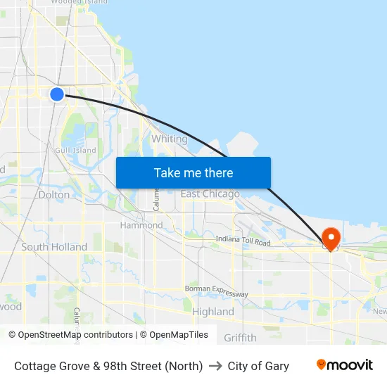Cottage Grove & 98th Street (North) to City of Gary map