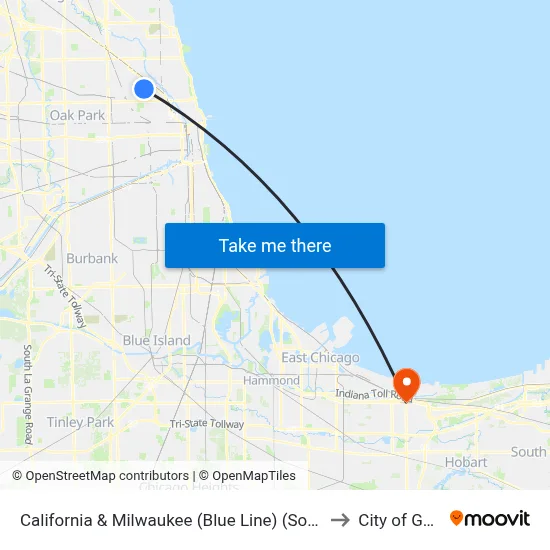California & Milwaukee (Blue Line) (South) to City of Gary map