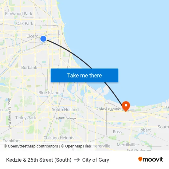 Kedzie & 26th Street (South) to City of Gary map