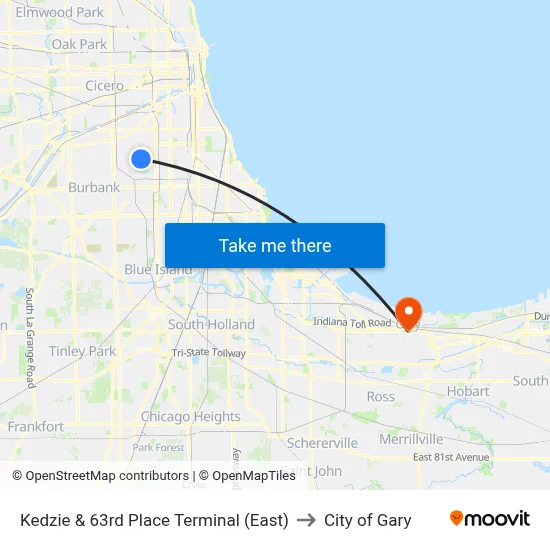 Kedzie & 63rd Place Terminal (East) to City of Gary map