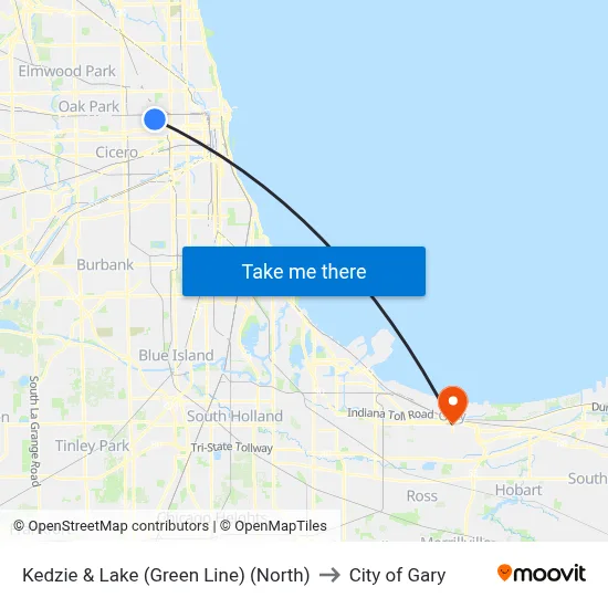 Kedzie & Lake (Green Line) (North) to City of Gary map
