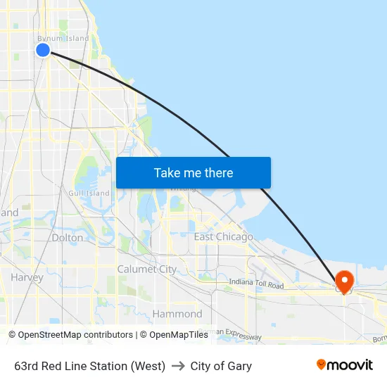 63rd Red Line Station (West) to City of Gary map