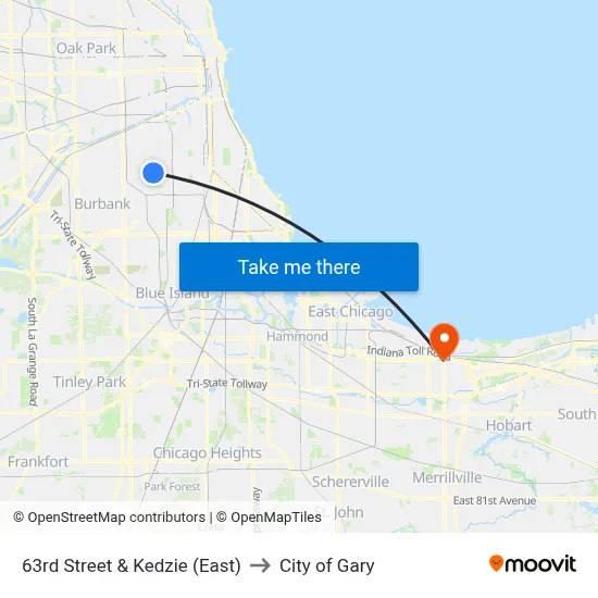 63rd Street & Kedzie (East) to City of Gary map