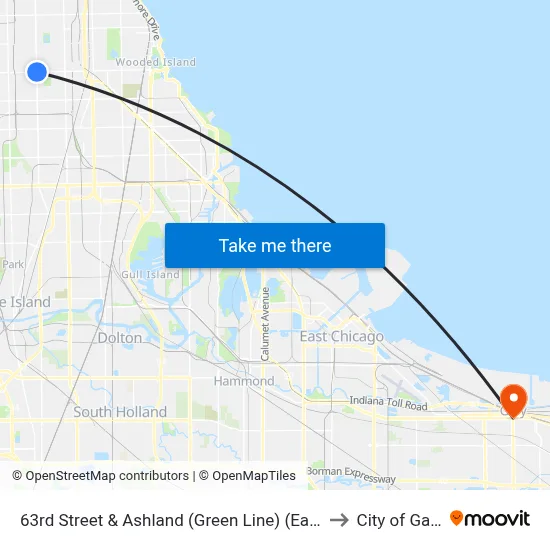 63rd Street & Ashland (Green Line) (East) to City of Gary map