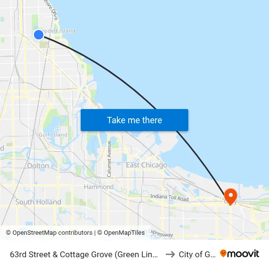 63rd Street & Cottage Grove (Green Line) (East) to City of Gary map