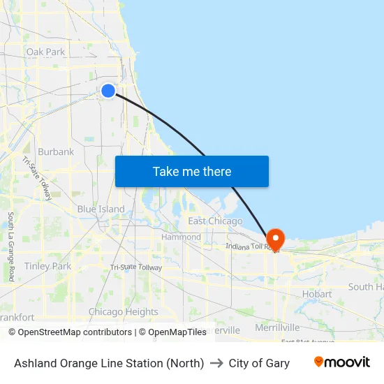 Ashland Orange Line Station (North) to City of Gary map