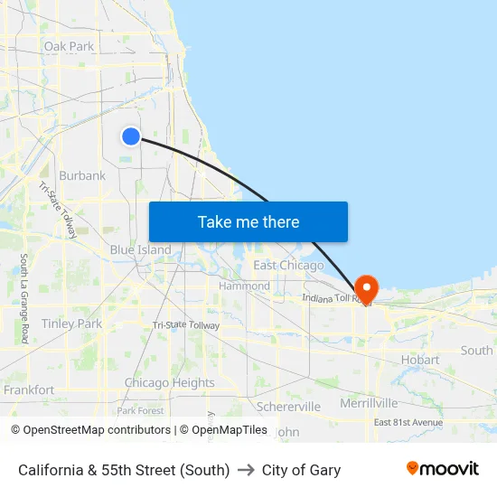 California & 55th Street (South) to City of Gary map