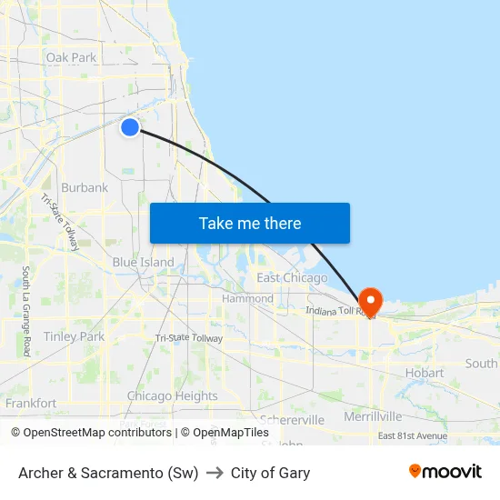 Archer & Sacramento (Sw) to City of Gary map