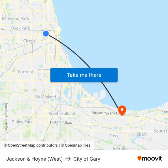 Jackson & Hoyne (West) to City of Gary map