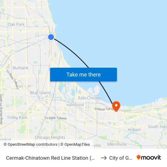 Cermak-Chinatown Red Line Station (West) to City of Gary map