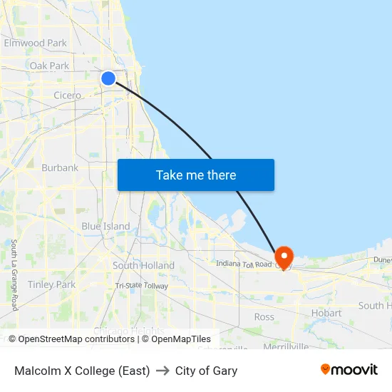 Malcolm X College (East) to City of Gary map
