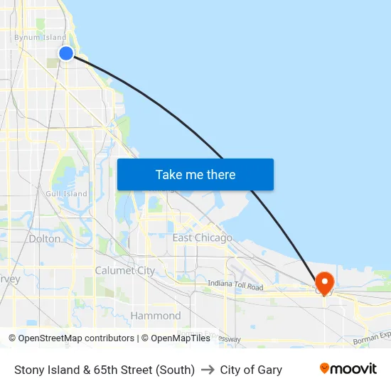 Stony Island & 65th Street (South) to City of Gary map