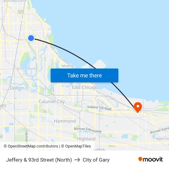Jeffery & 93rd Street (North) to City of Gary map
