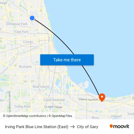 Irving Park Blue Line Station (East) to City of Gary map