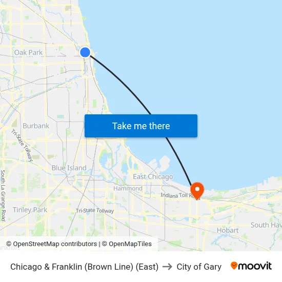 Chicago & Franklin (Brown Line) (East) to City of Gary map