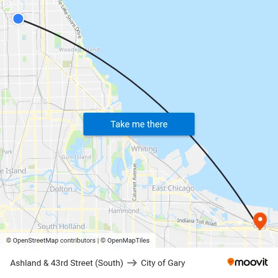 Ashland & 43rd Street (South) to City of Gary map
