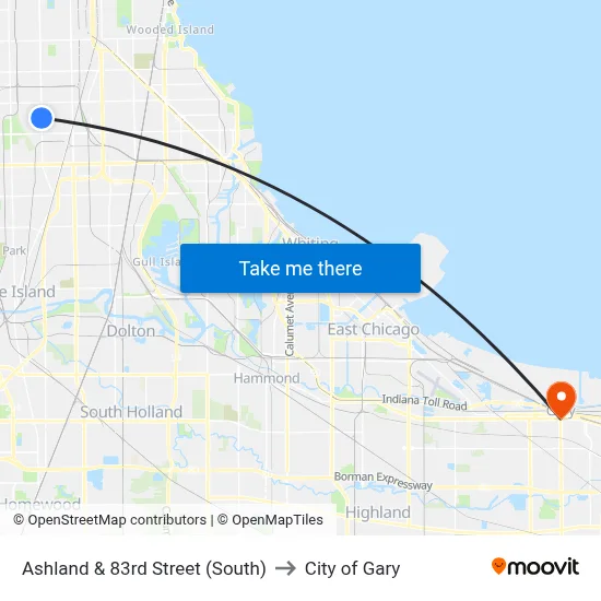 Ashland & 83rd Street (South) to City of Gary map