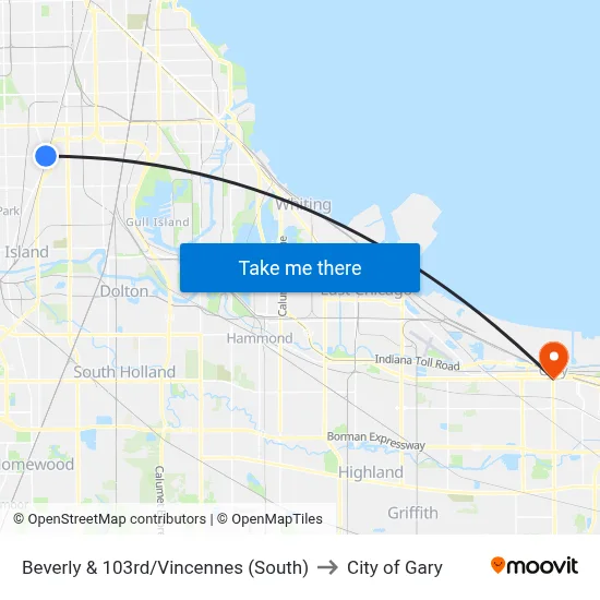 Beverly & 103rd/Vincennes (South) to City of Gary map