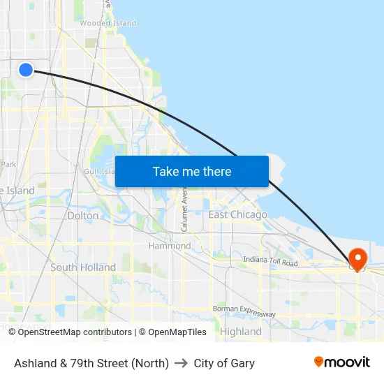 Ashland & 79th Street (North) to City of Gary map