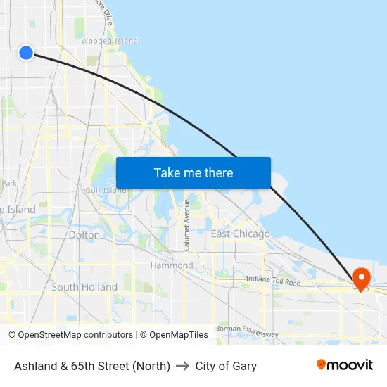 Ashland & 65th Street (North) to City of Gary map