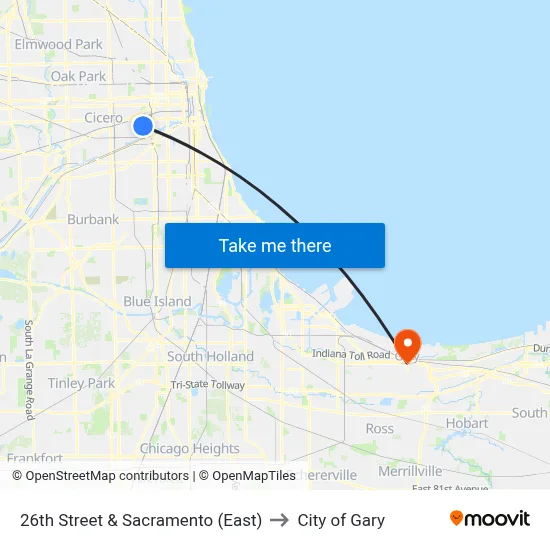 26th Street & Sacramento (East) to City of Gary map